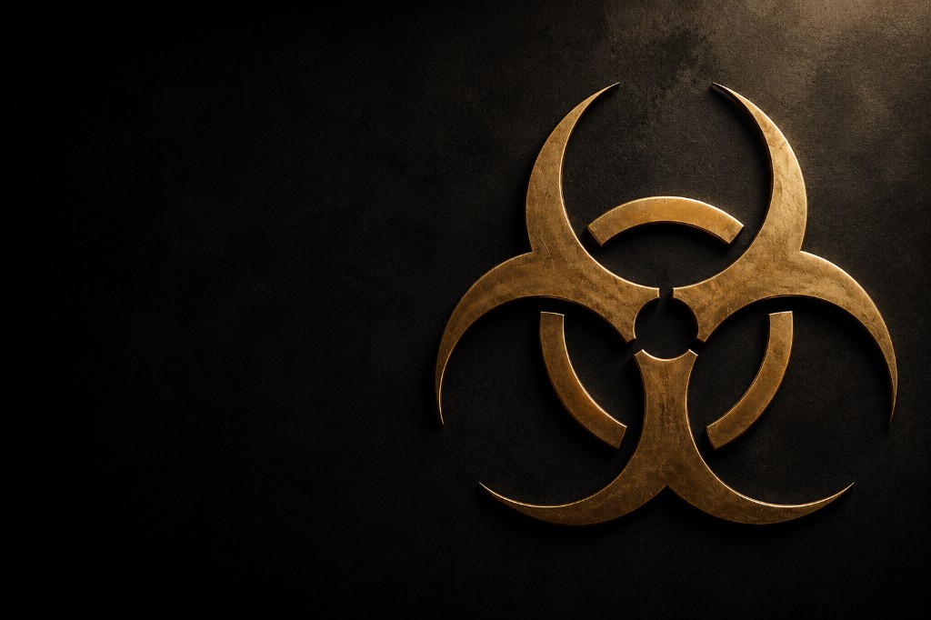 Bronze biohazard symbol on a dark textured background