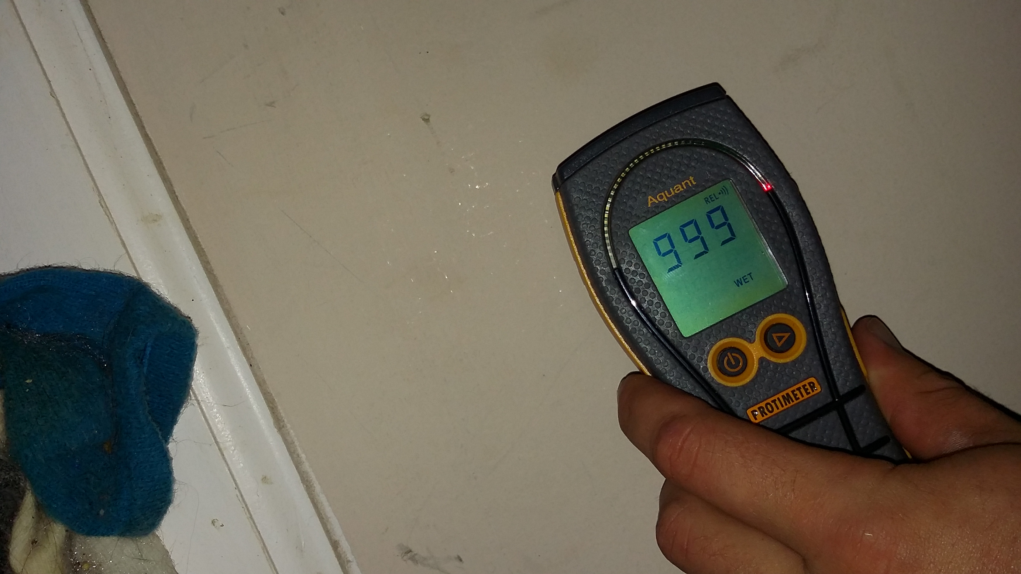 Protimeter moisture meter verifying structural dryness after sewage cleanup and sanitation.