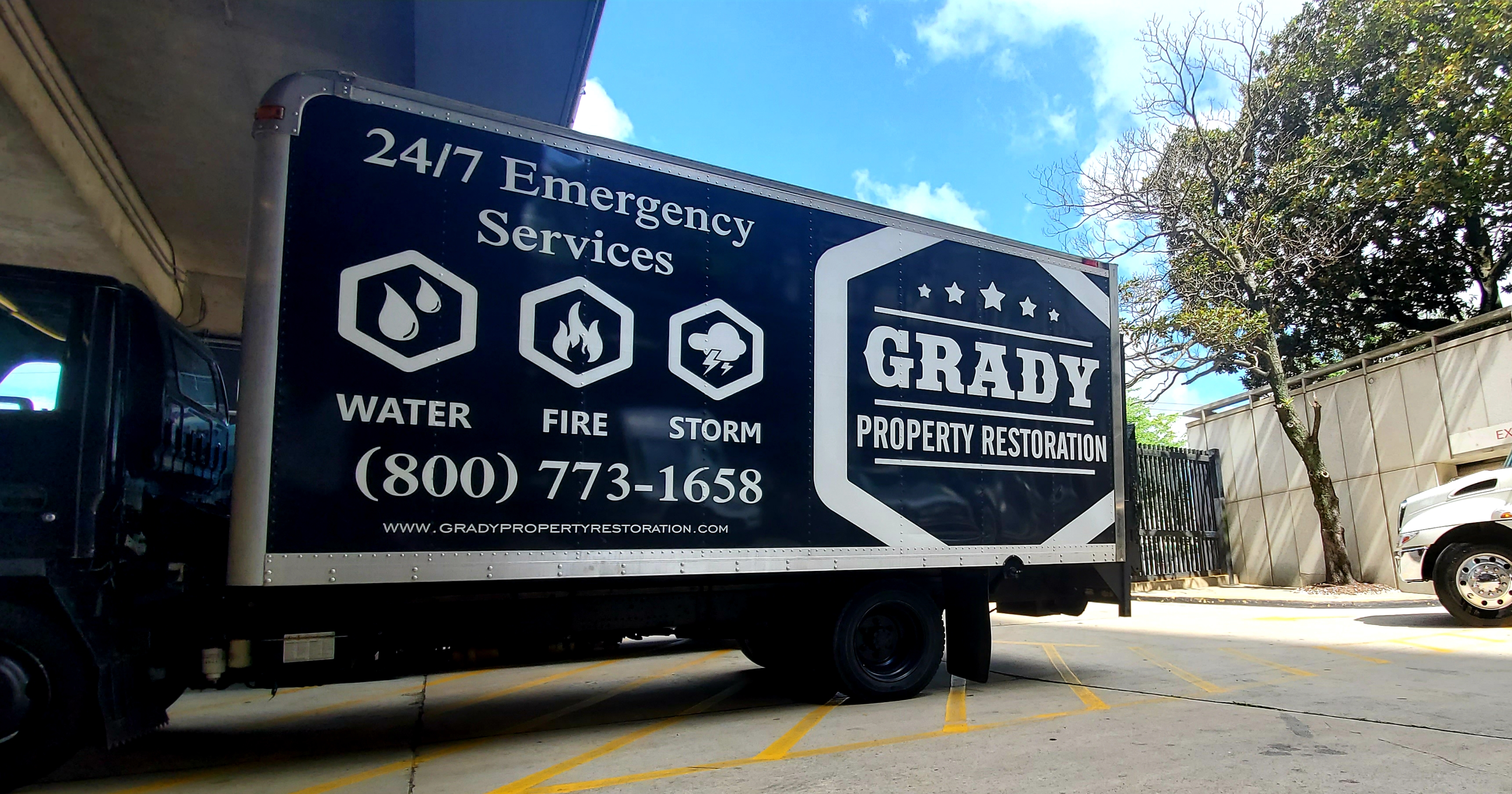Grady Property Restoration emergency response truck dispatched for a sewage cleanup job.